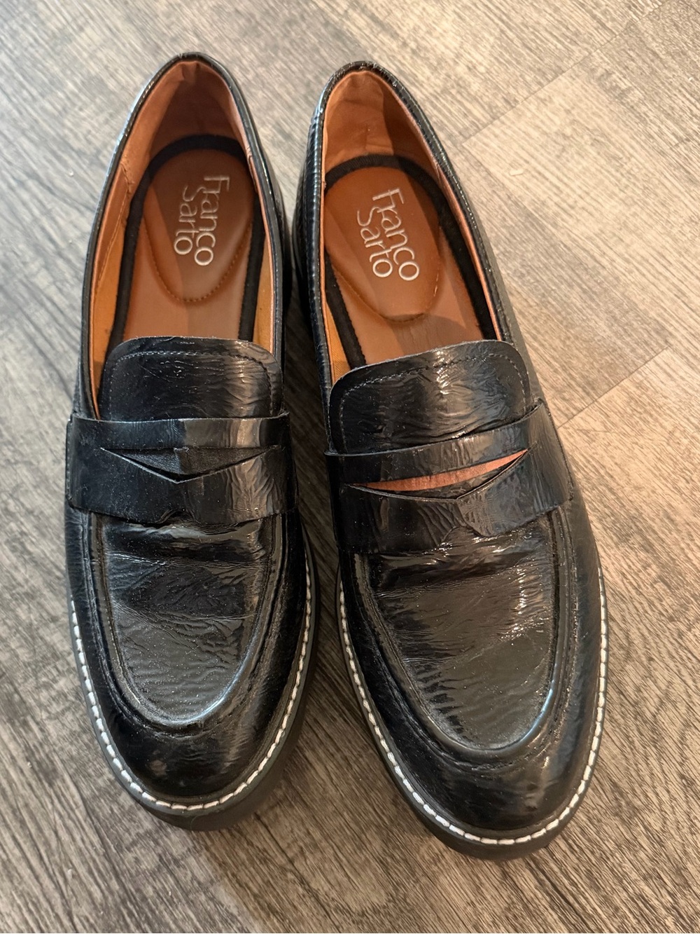 Franco Sarto Black Patent Leather Platform Chunky Lug-Sole Penny Loafers